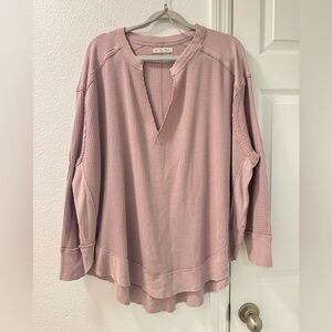 Freepeople we the free Oversized WaffleThermal Mauve pink Knit V-Neck Top size L